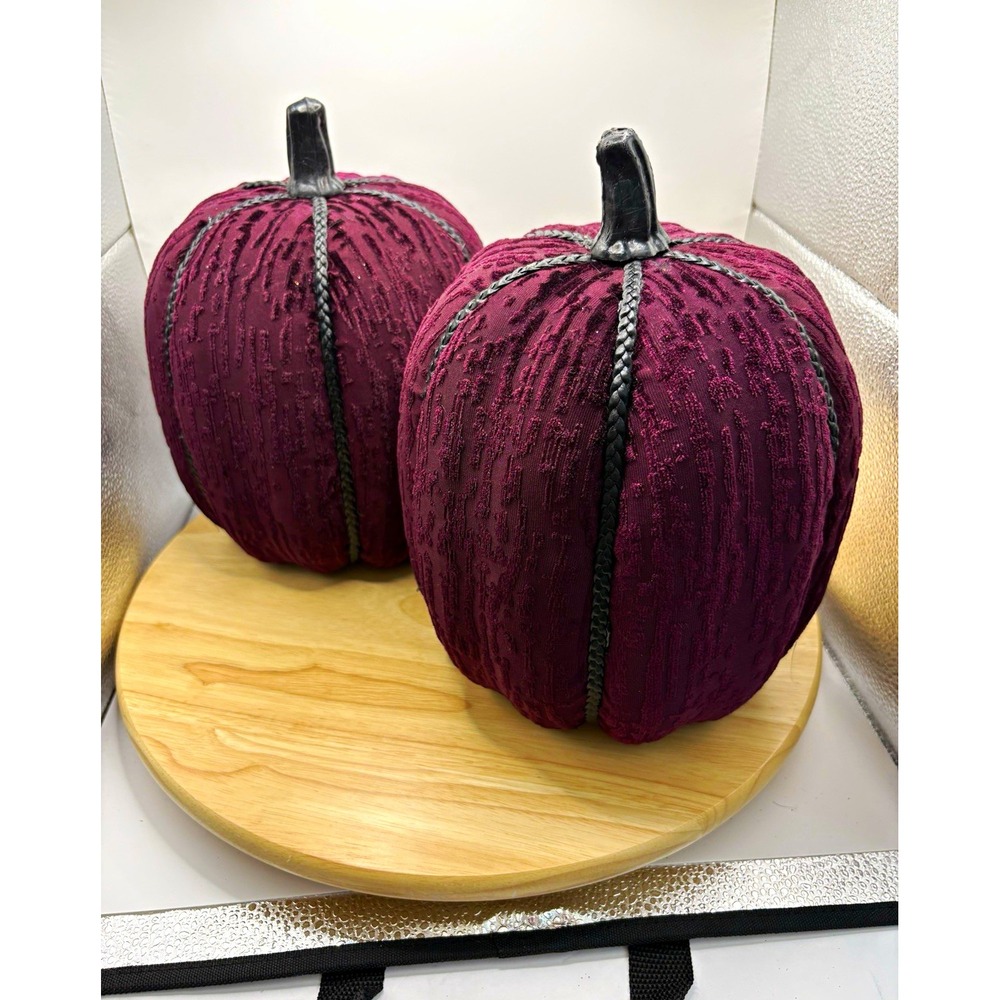 Set of 2 Halloween Fabric Pumpkin Figurines Purple Black Braid Detail 10 in